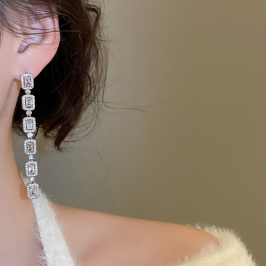 Silver Needle Zircon Square Tassel Minimalist Style Elegant Light Luxury High-end Design Sense Niche Earrings for Women - view 3