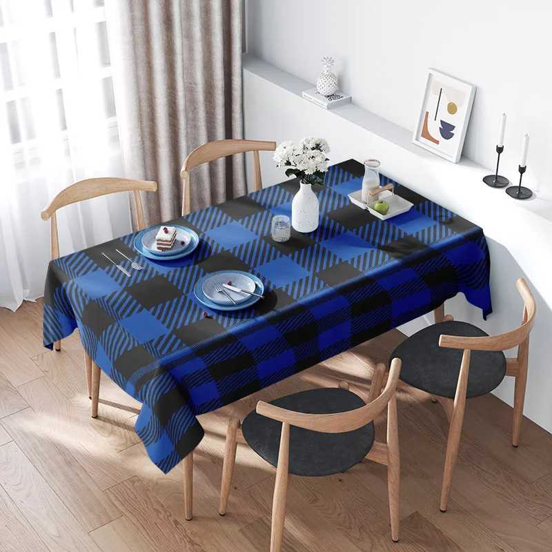 Modern Blue Black Plaid Tablecloth with Striped Design for Dining Room or Kitchen Decoration - Premium Quty Polyester Fabric H251211