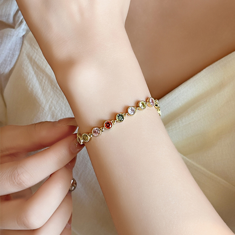 Real Plated Colorful Round Zircon Bracelet Princess Style Exquisite Sweet 14K Gold Bangle High-end Feel Jewelry for Women - view 4