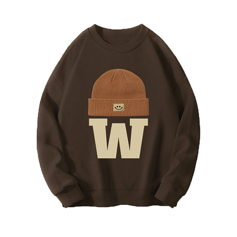 Women's American Retro Brown Crew Neck Fleece-Lined Sweatshirt: Letter Print Loose Versatile Oversized Lazy-Style Jacket/Top