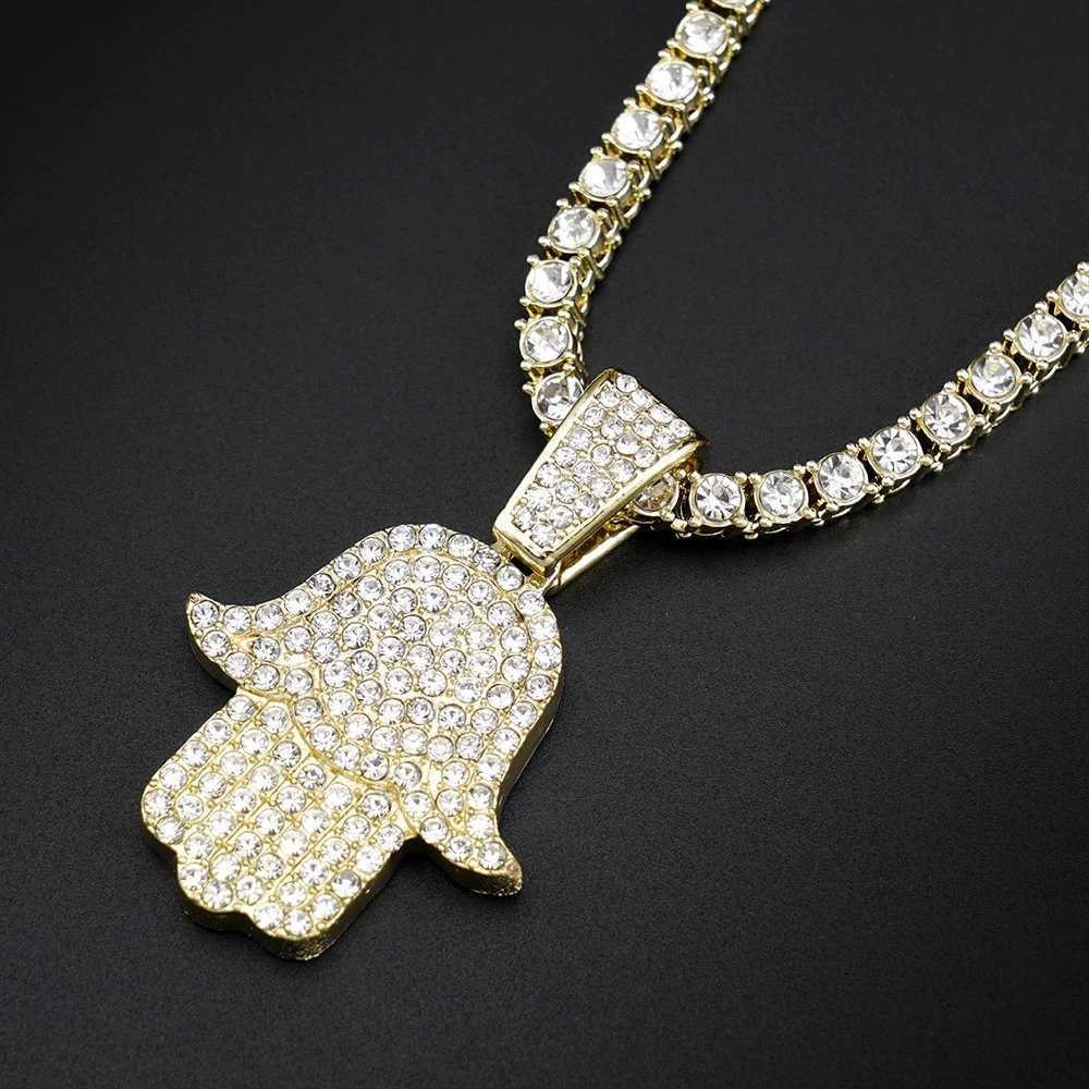 Mens Women Hip Hop Hamsa Hand Pendants Necklaces With 4mm Crystal Tennis Chain Punk Rapper Jewelry Hiphop Style Couple Gifts M251211