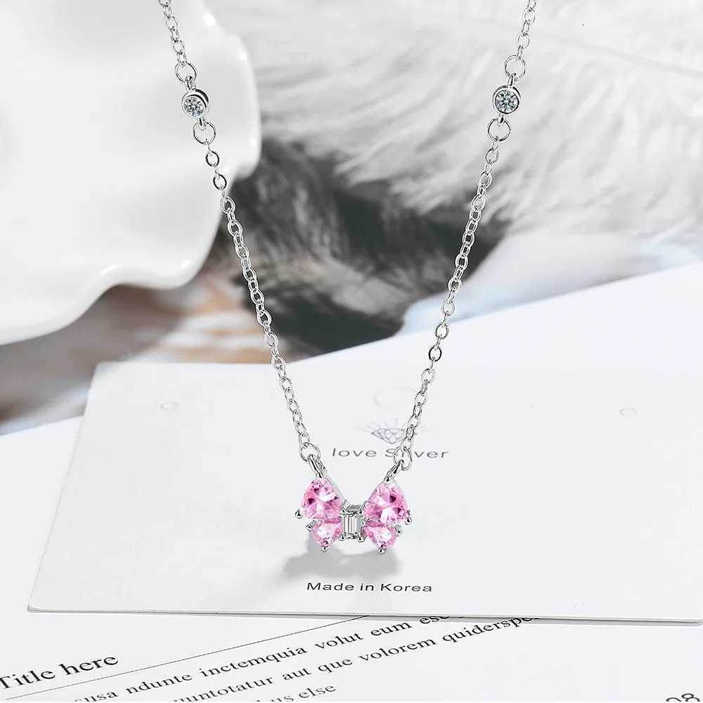 925 Sterling Silver Sweet and Versatile Pink Bow Shape Zircon Necklace Anniversary Birthday Wedding Party Gift M251211