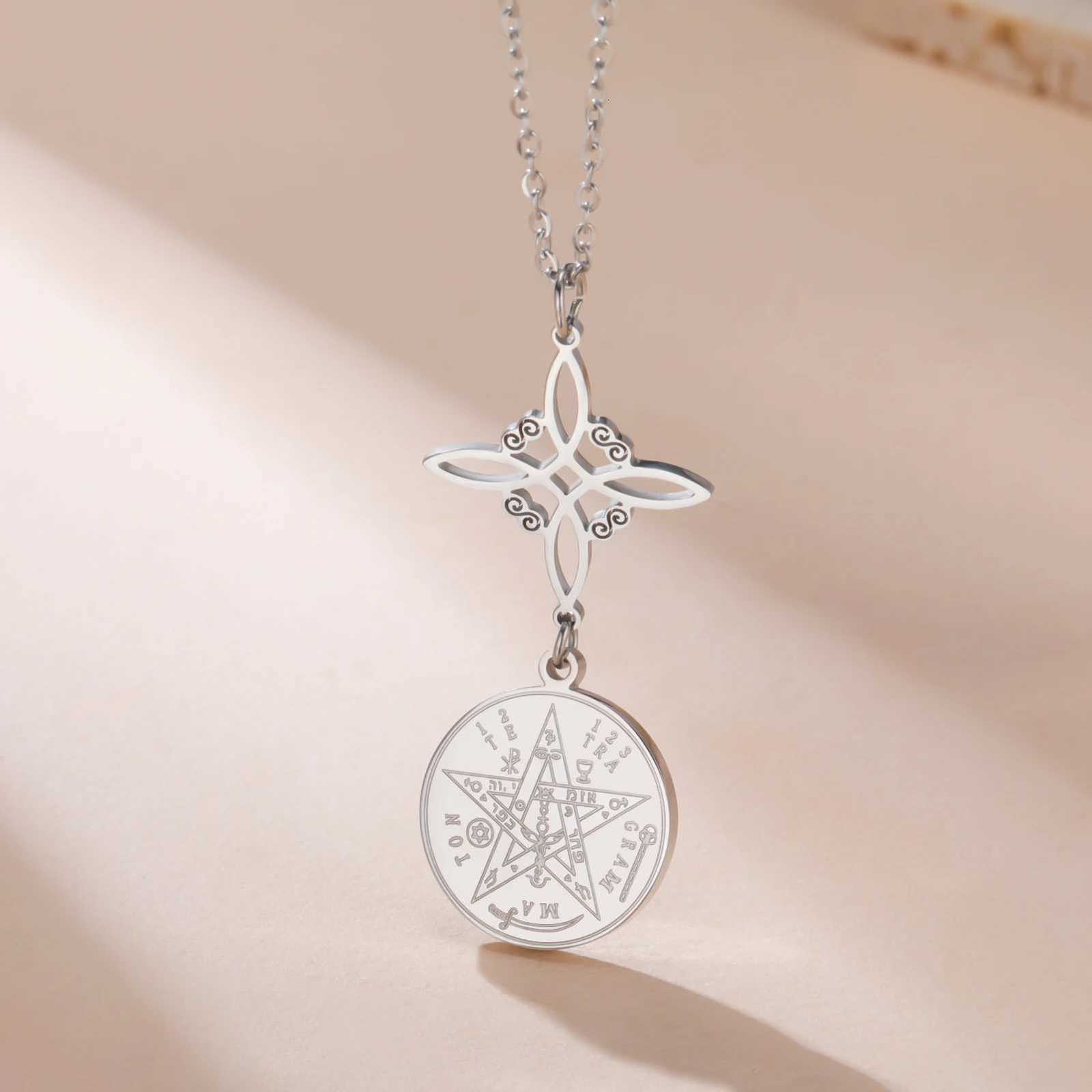 Skyrim Tetragrammaton Witch Knot Pendant Necklace Double Amulet Protection Stainless Steel Necklaces Pentagram Jewelry Gift M251211