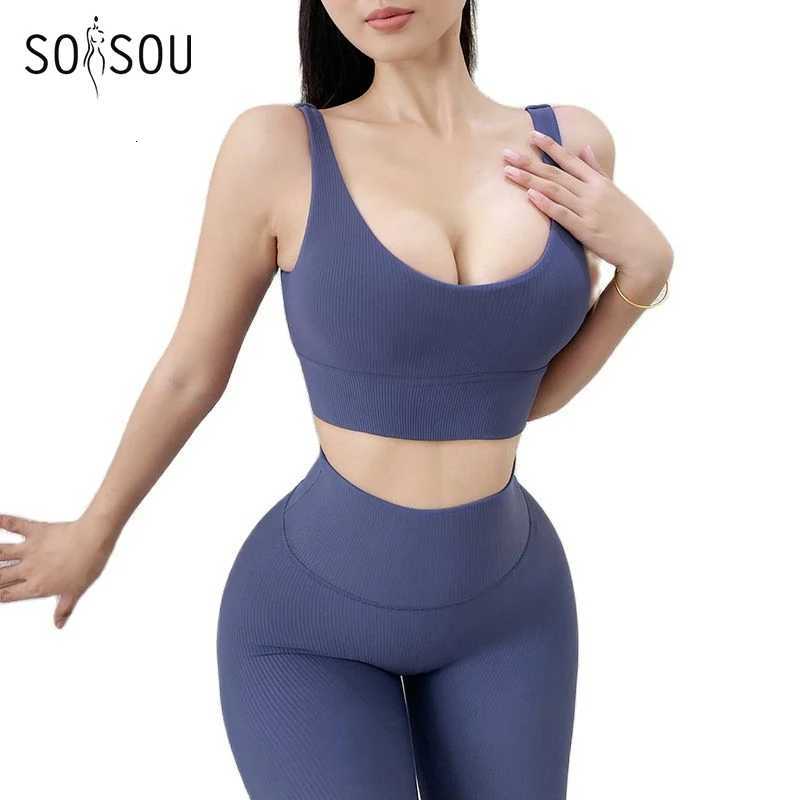 SOISOU Rib Fabric Womens Tracksuit Gym Yoga Sportwear Bra Leggings Set Woman 2 Pieces Sport Elastic Breathable Womens ClothingT251211