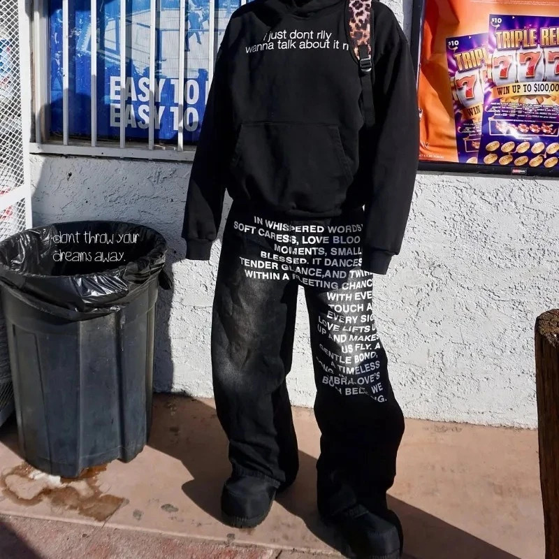 Deeptown Vintage Letter Print Women Man Jeans Y2k Harajuku Washed Wide Leg American Style Denim Pants Baggy Hip Hop Streetwear 251210