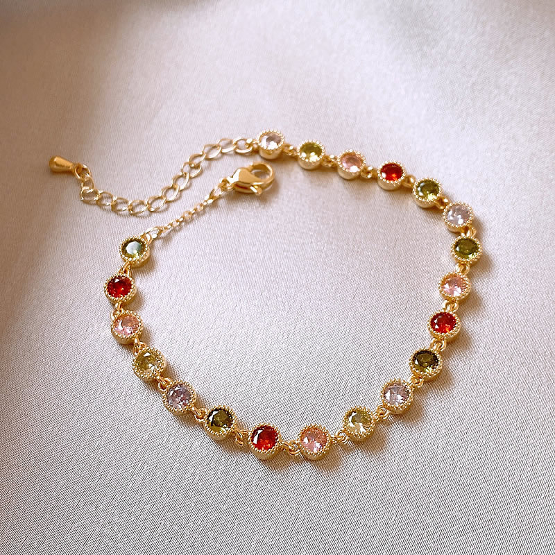 Real Plated Colorful Round Zircon Bracelet Princess Style Exquisite Sweet 14K Gold Bangle High-end Feel Jewelry for Women - view 3