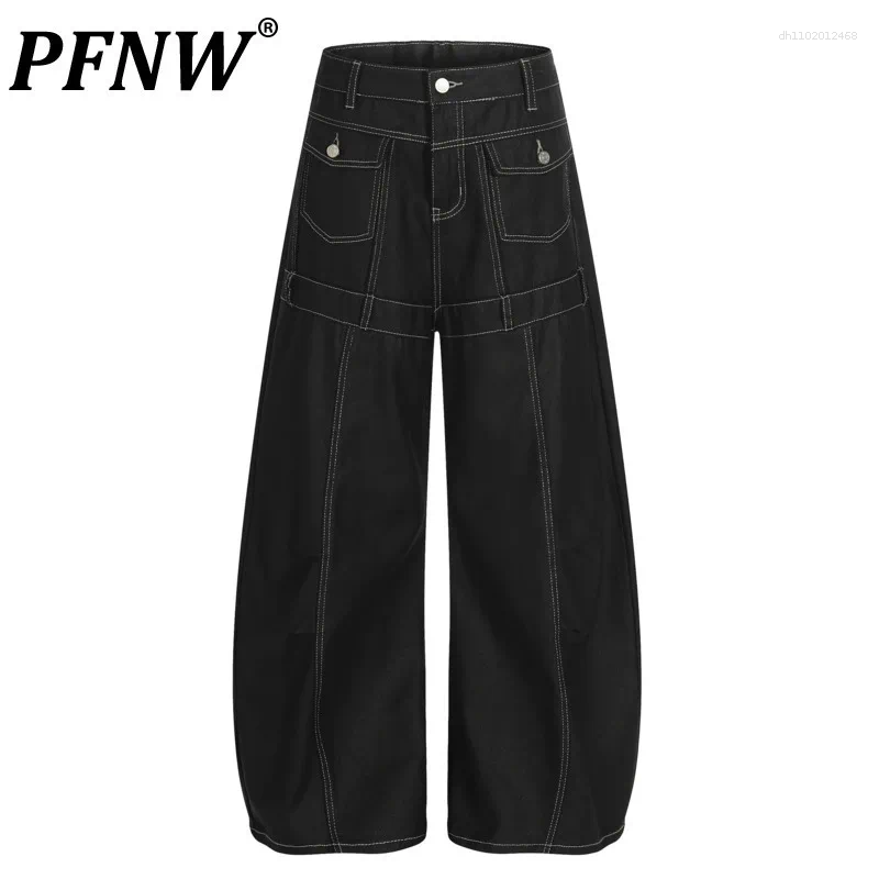 Men's Jeans PFNW Autumn Winter Versatile Loose Scimitar Male Retro Button Placket Straight Casual Pants 28L1096