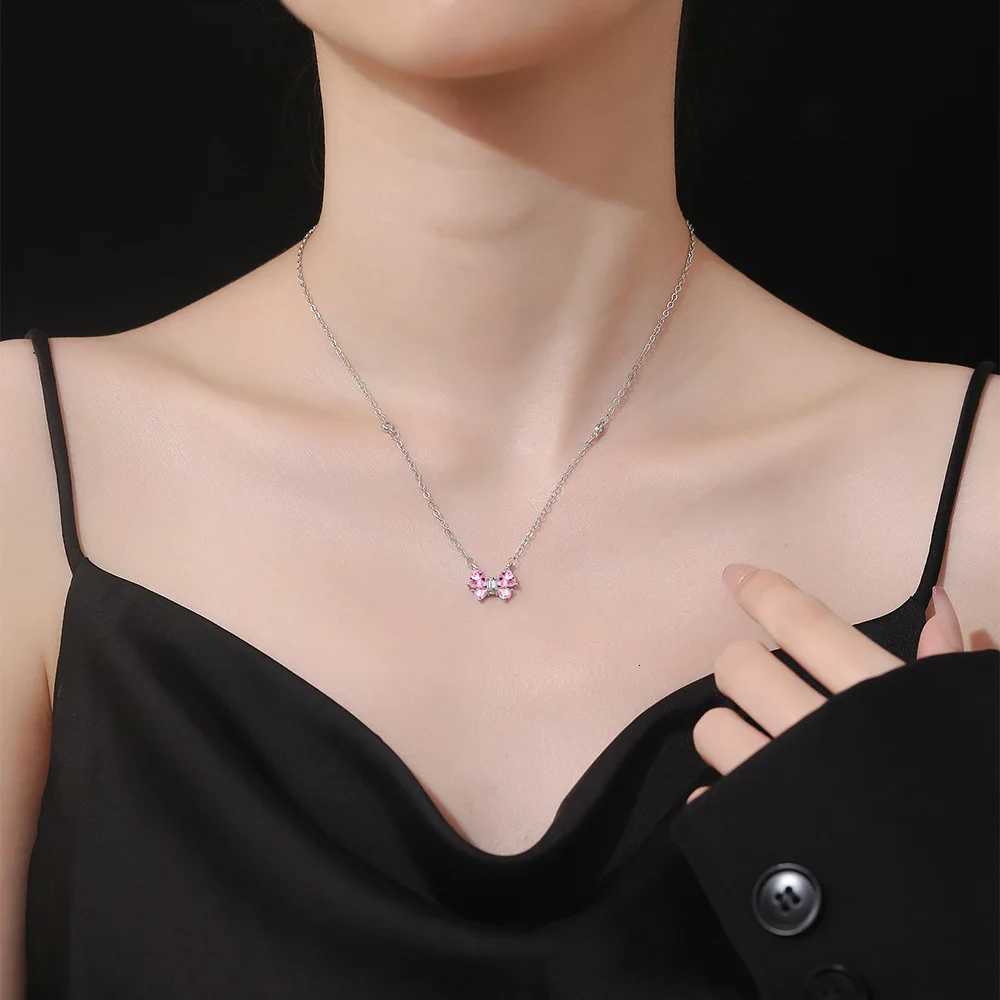 925 Sterling Silver Sweet and Versatile Pink Bow Shape Zircon Necklace Anniversary Birthday Wedding Party Gift M251211