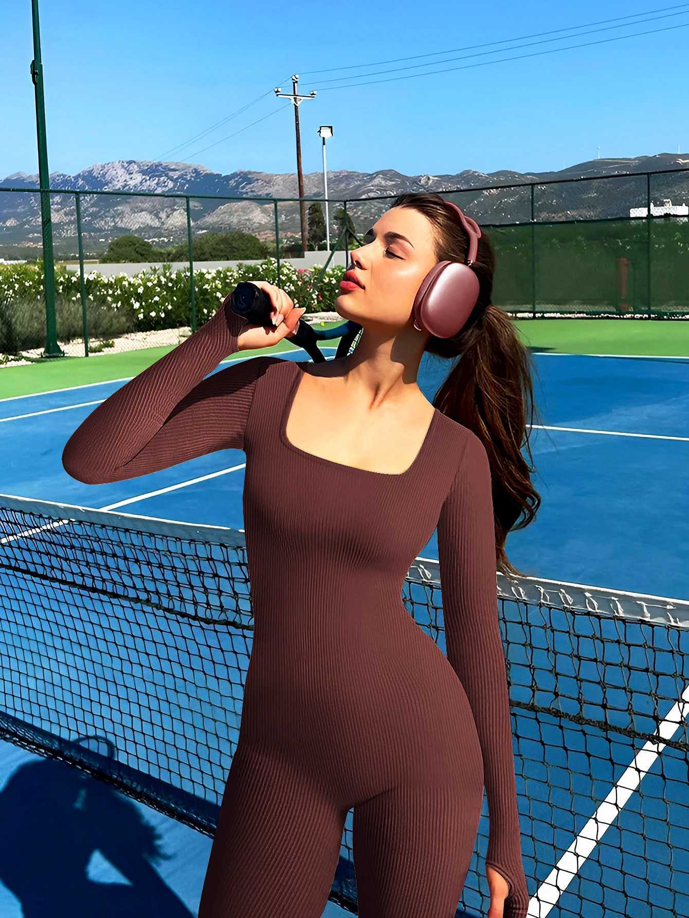 Solid Color Ribbed Yoga Jumpsuit Seamless Slim Fit Long Sleeve Sports Bodysuit Womens ActivewearT251211