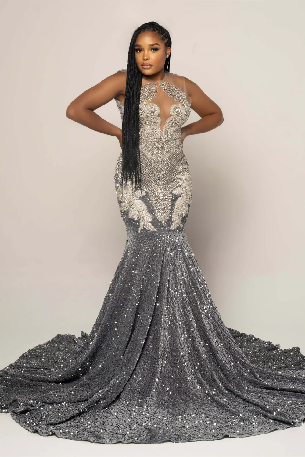 Stunning Silver Grey Mermaid Prom Dresses For Black Girls 2026 Scoop Sleeveless Beadings Appliques Sequined Long Evening Party Gowns Formal Vestidos d