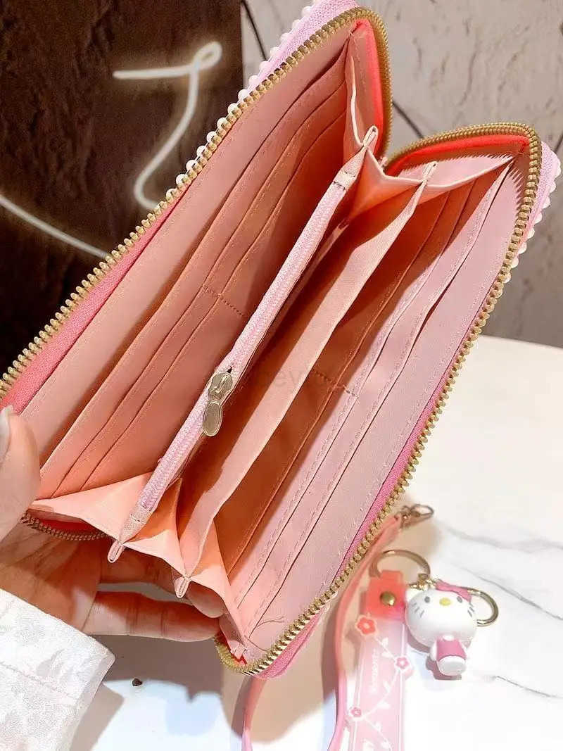 Sanrio Kawaii Hello Kitty Wallet Rhinestone Card Bag Anime Cartoon Heart Long Zipper Coin Wallet Student Mobile Bags Women Gifts H251211