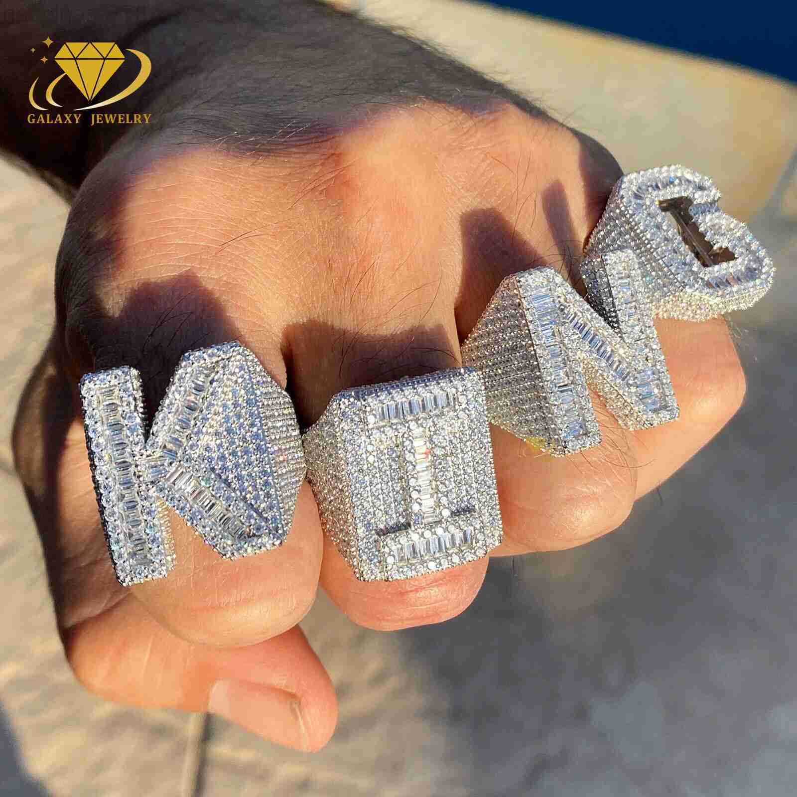 Custom Letter Ring Mens Jewelry Iced Out Hip Hop Jewelry A-Z Initial Moissanite Baguette Diamond Big 26 Letters Ring