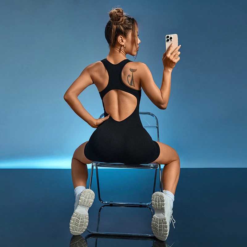 Womens Open Back Shapewear Bodysuit Square Neck Tummy Control Workout Yoga Rompers For WomenT251211