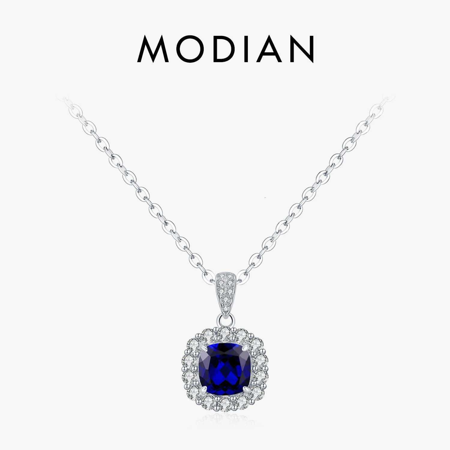 MODIAN 925 Sterling Silver Elegant Luxury Geometric Royal Blue Zirconia Pendant Necklaces For Women Anniversary Fine Jewelry M251211