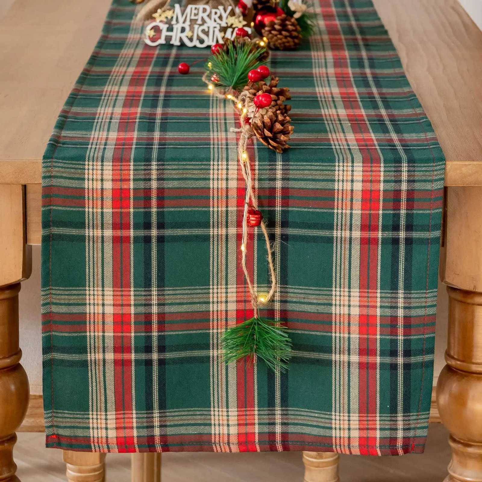 Green Plaid Christmas Table Runner decorative American retro fleece long table cloth/table mat for dining table H251211