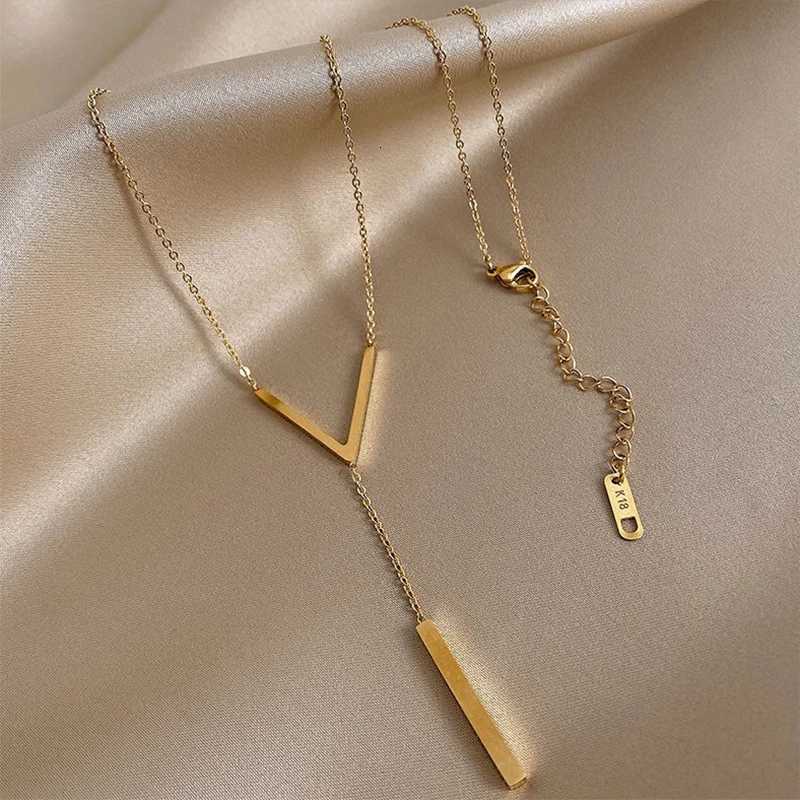 Fashion V-shaped Long Sexy Clavicle Necklace for Women Stainless Steel Gold Colour Chain Necklace Party Jewelry Collar De Mujer M251211