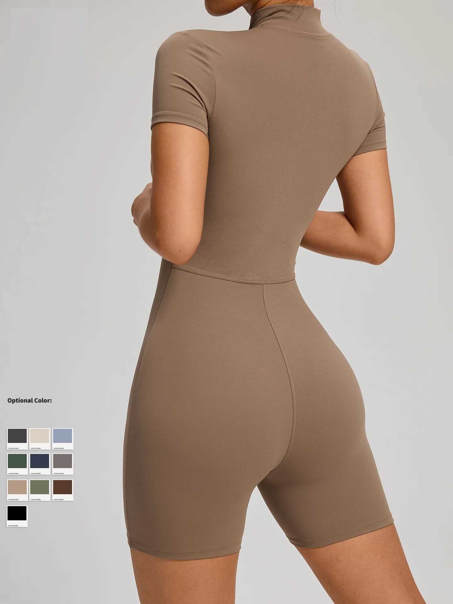 Solid Color Half Zip Short Sleeved Shirt Short Leg Set Tight Yoga Jumpsuit Women Gym Wear Fitness One Piece Sports Suit WorkoutT251211