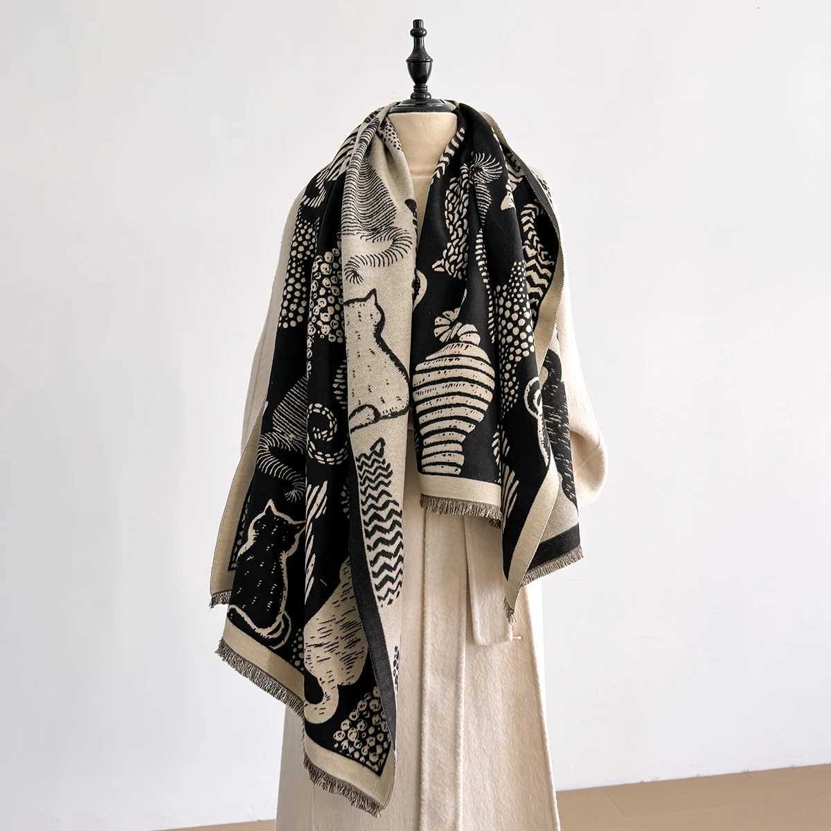 2025 Luxury Fashion Womens Cat Pattern Shawl Faux Cashmere Warm Autumn Winter Scarf for Mujer Femme Stylish Accessory Bufand Y251211