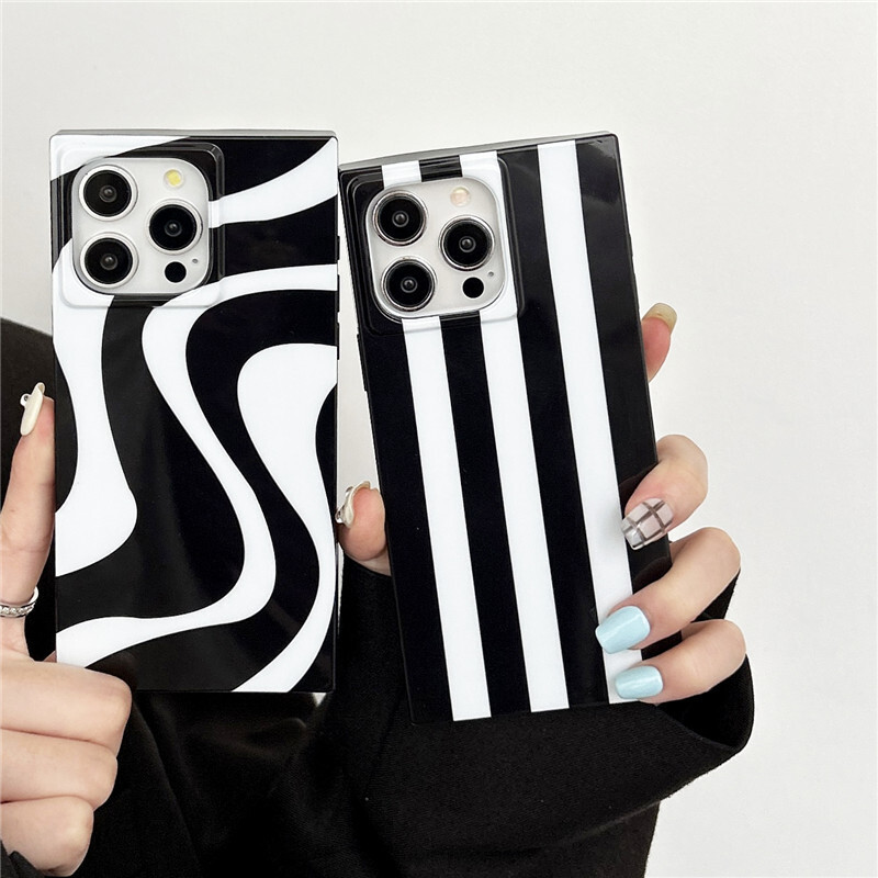 Vintage Black White Wave Pattern 17 Pro Max, Shockproof Square with Vertical Stripes for iPhone 16 and 15, Soft Cross-Border Case