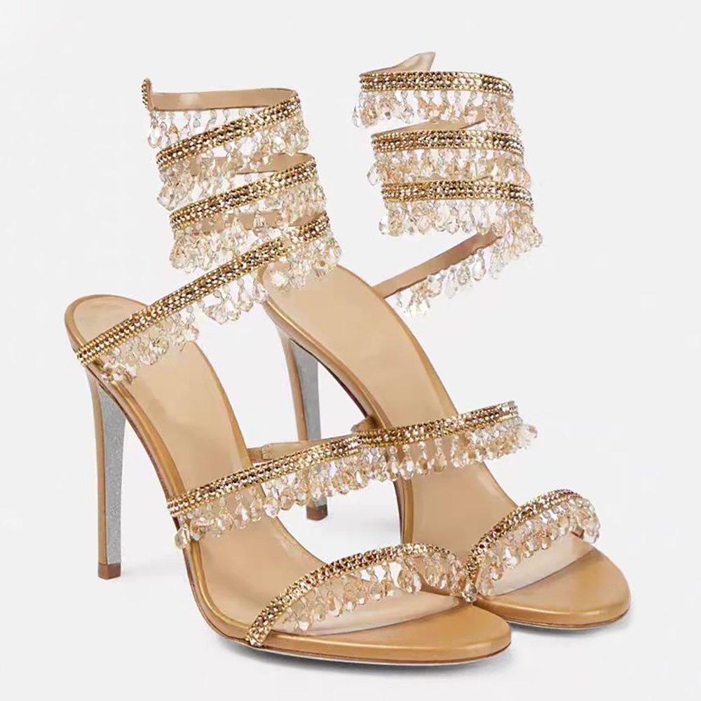 luxury crystal chandelier stiletto heel sandals fashion designer evening shoes women ankle wraparound party wedding shoes sandal size 3443 bring box