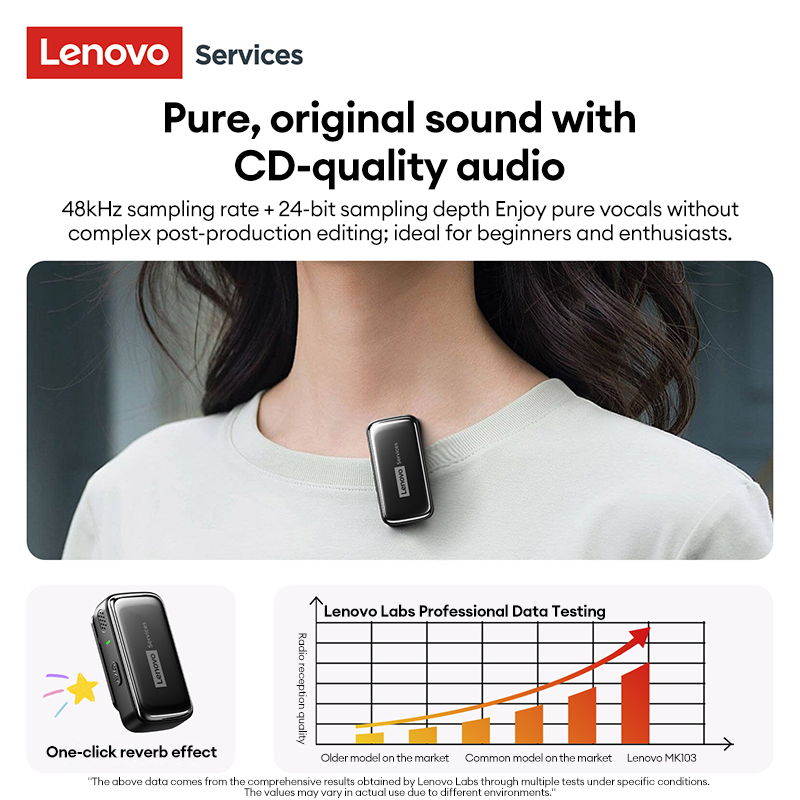 Lenovo Wireless Lapel Microphone Recording MK103 Mic for Mobile Live Streaming Streaming Audio Equipment for Broadcasters Portable Mini Mic with Noise