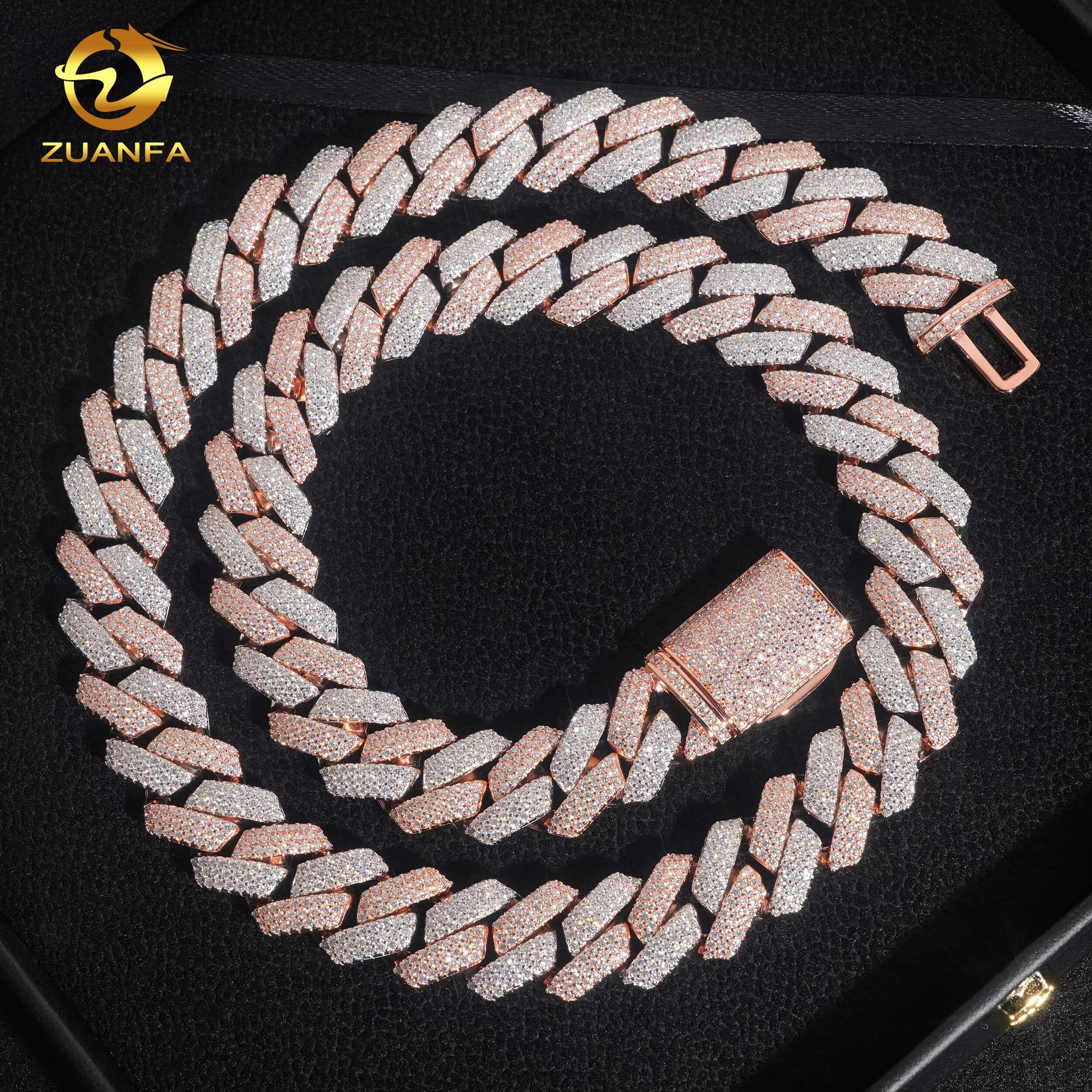 Custom Clasp Cuban Link Chain Luxury Design 2 Tone Roese and White Gold Necklace 925 Sterling Silver Iced Out Hip Hop Jewelry