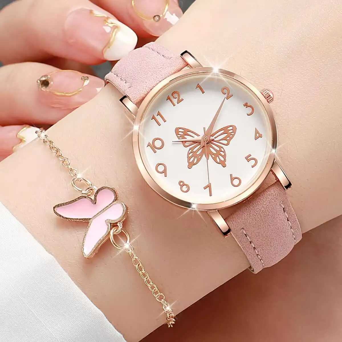 6PCS/Set Fashion Butterfly Dial Women Quartz Watch Simple Leather Strap Wrist Watches Jewelry Set Reloj MujerWithout Box Y251212