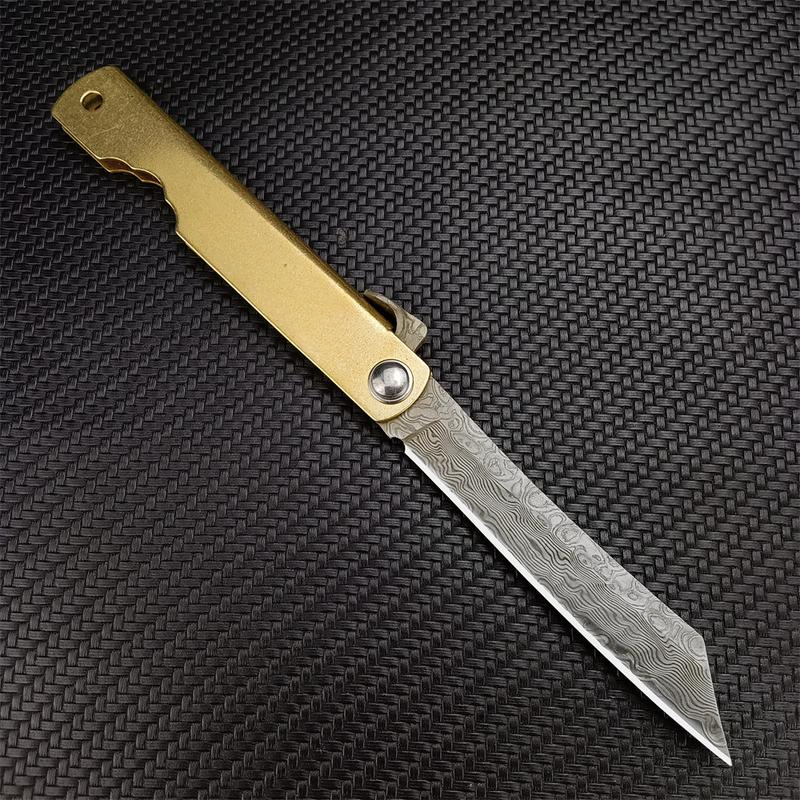 Mini Japanese Folding Knife, Vg10 Damascus Steel Blade, Copper Handle, Ideal for Camping Outdoor Fishing Daily Carry Tool, Survival Tools - view 4