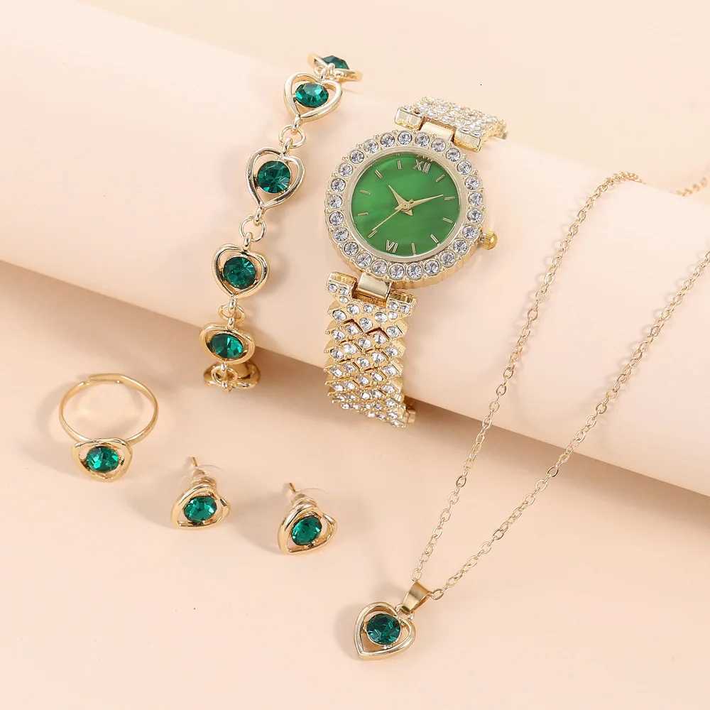 5 PCS Set Green Watch Women Luxury Ring Necklace Earrings Rhinestone Fashion Wristwatch Female Casual Watches Bracelet Set Y251212