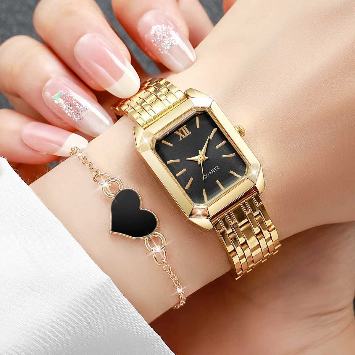 5PCS Elegant Rectangle Women Watches Heart Jewelry Set Ladies Alloy Strap Quartz Wristwatch Reloj Mujer Without Box Y251212