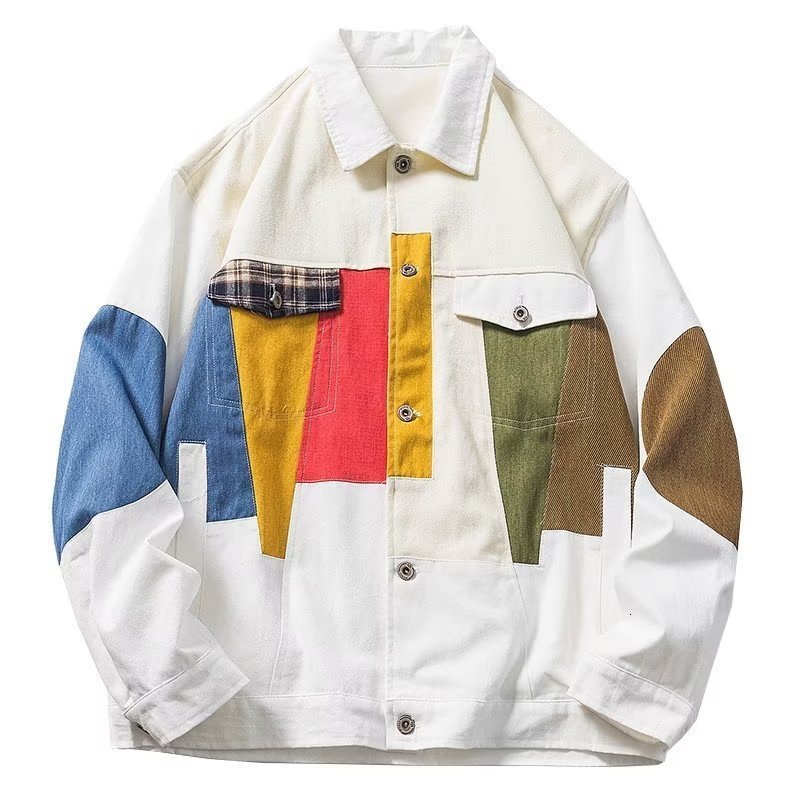 Vintage Hip Hop Streetwear Jacket Color Block Patchwork Jacket Men Autumn Harajuku Cotton Casual Jacket Coat Outwear 240718