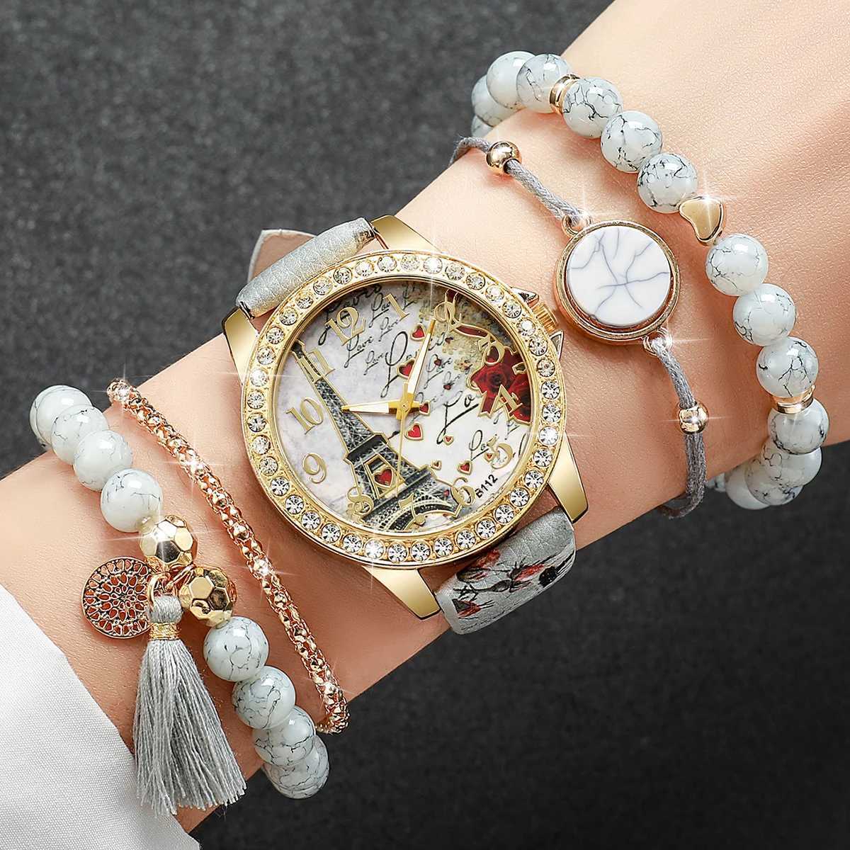 4/5PCS Fashion Flowers Prinetd Women Watches Bracelets Set Casual Leather Strap Quartz Wristwatch Reloj MujerWithout Box Y251212
