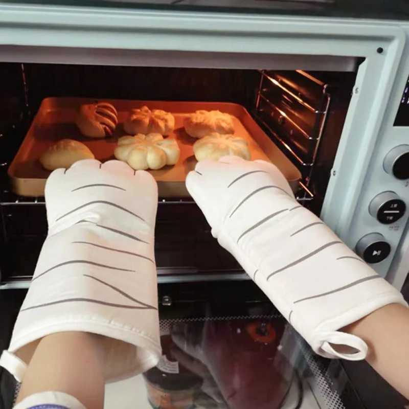 Norbi 1pc 3D Cartoon Cat Paws Oven Long Mitts Cotton Microwave Heat Resistant Baking Insation Gloves Non-slip Gloves H251212