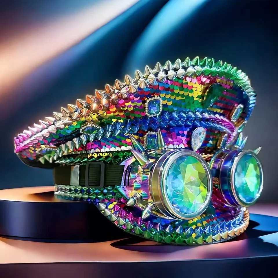 HongLuan Disco Steampunk Captain Hat Rhinestone with Goggles for Burning Man Festival Woman Military Accessories Cap for Man X251212 - view 4