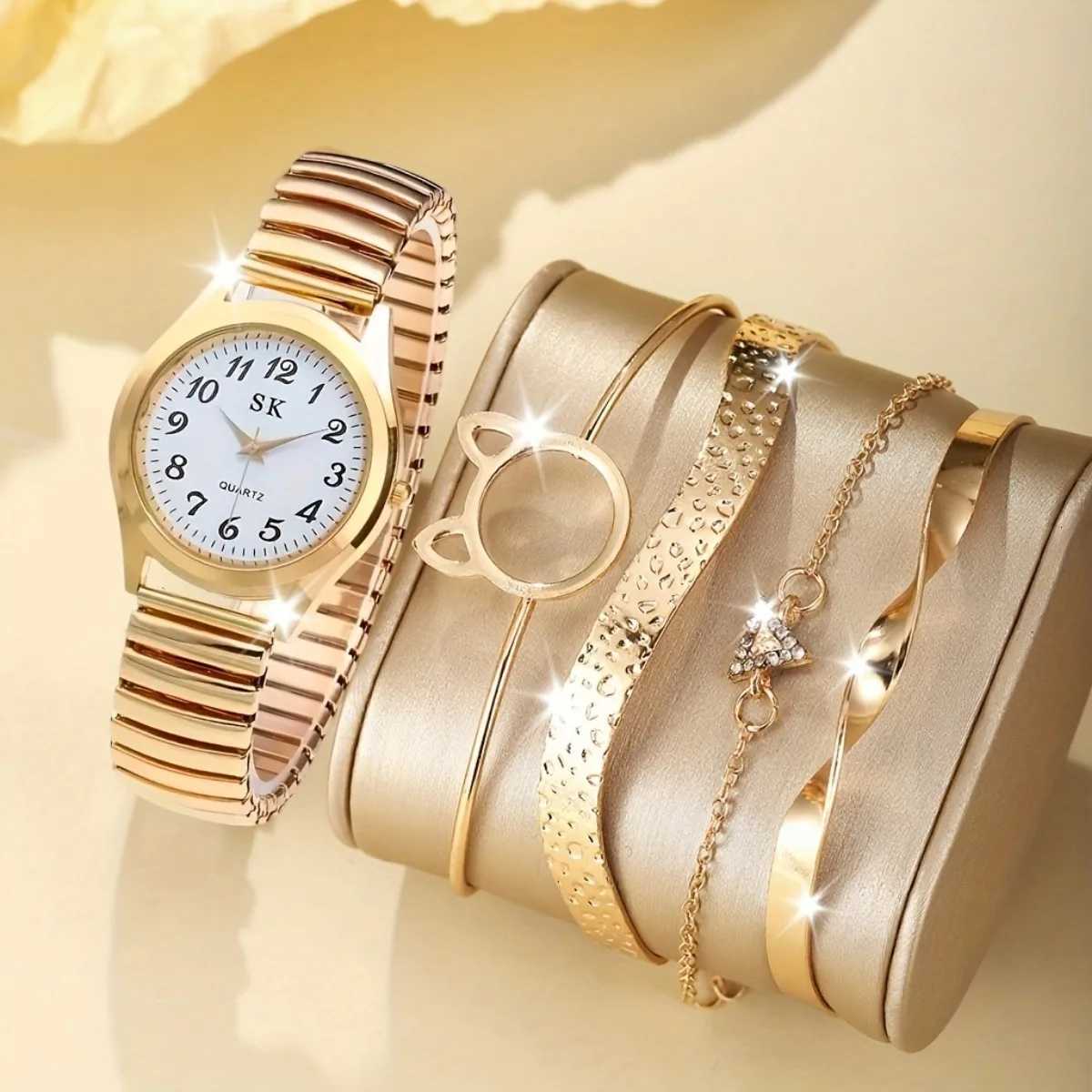 5PCS Fashion Small Roma Dial Women Quartz Watch Bracelets Set Elegant Elastic Band Ladies Wristwatch Reloj MujerWithout Box Y251212