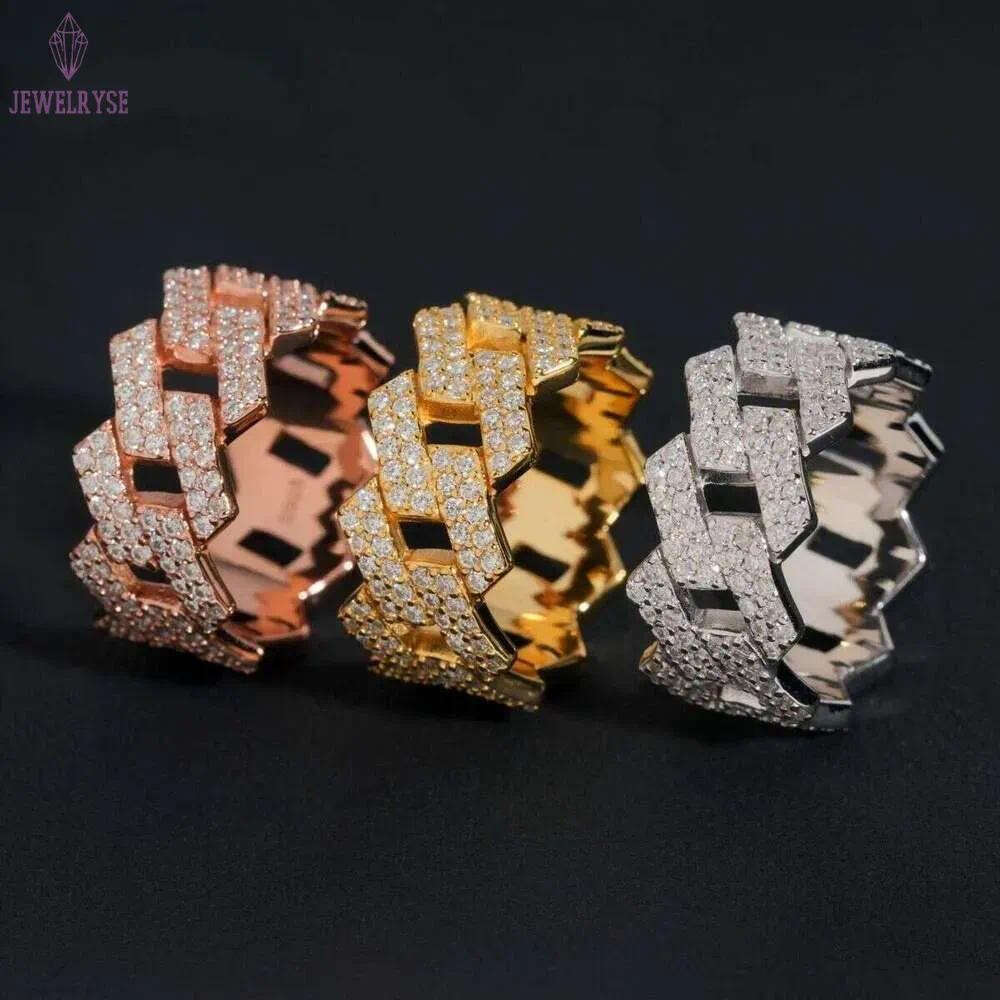 Factory Direct High Quality Hip Hop Two Row Sterling Sier Moissanite Iced Out Cuban Ring