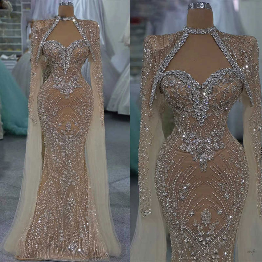 Unique Nude Prom Dress Long Cape Sleeve Crystals Formal Women Party Gowns Size Customized Dubai Formal Reception Dresses Arabic Robes De Mariee L25329