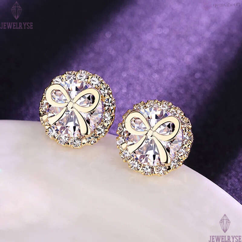 S925 silver needle lovely bowknot designer earrings stud for women 18k gold round cz zircon shine crystal cute bow knot earring ear rings jewelry