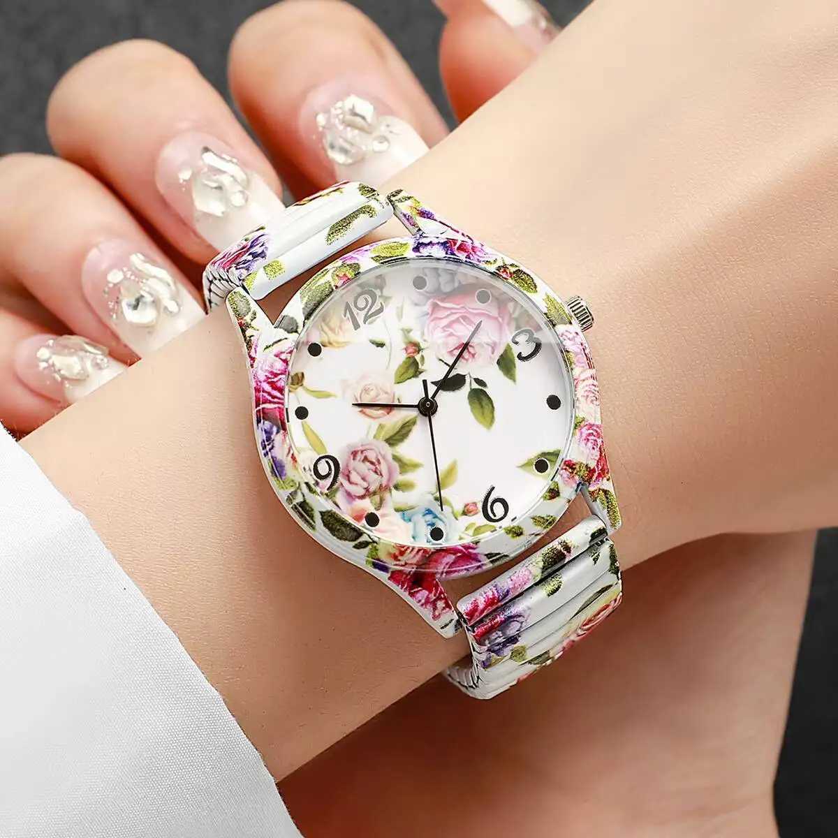 2/3PCS Fashion Women Watches Set Flower Printed Elastic Strap Ladies Quartz Wristwatches Reloj MujerWithout Box Y251212