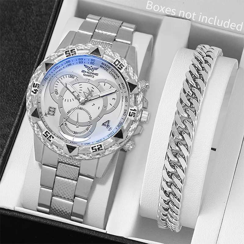 2pcs/set Fashion Mens Watch Steel Band Analog Quartz Watches Bracelet SetWithout Box Y251212