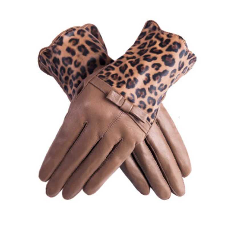 Genuine Leather gloves female sheepskin bow winter plus velvet thickening quality Leopard mittens cycling driving gloves E78 Y251211