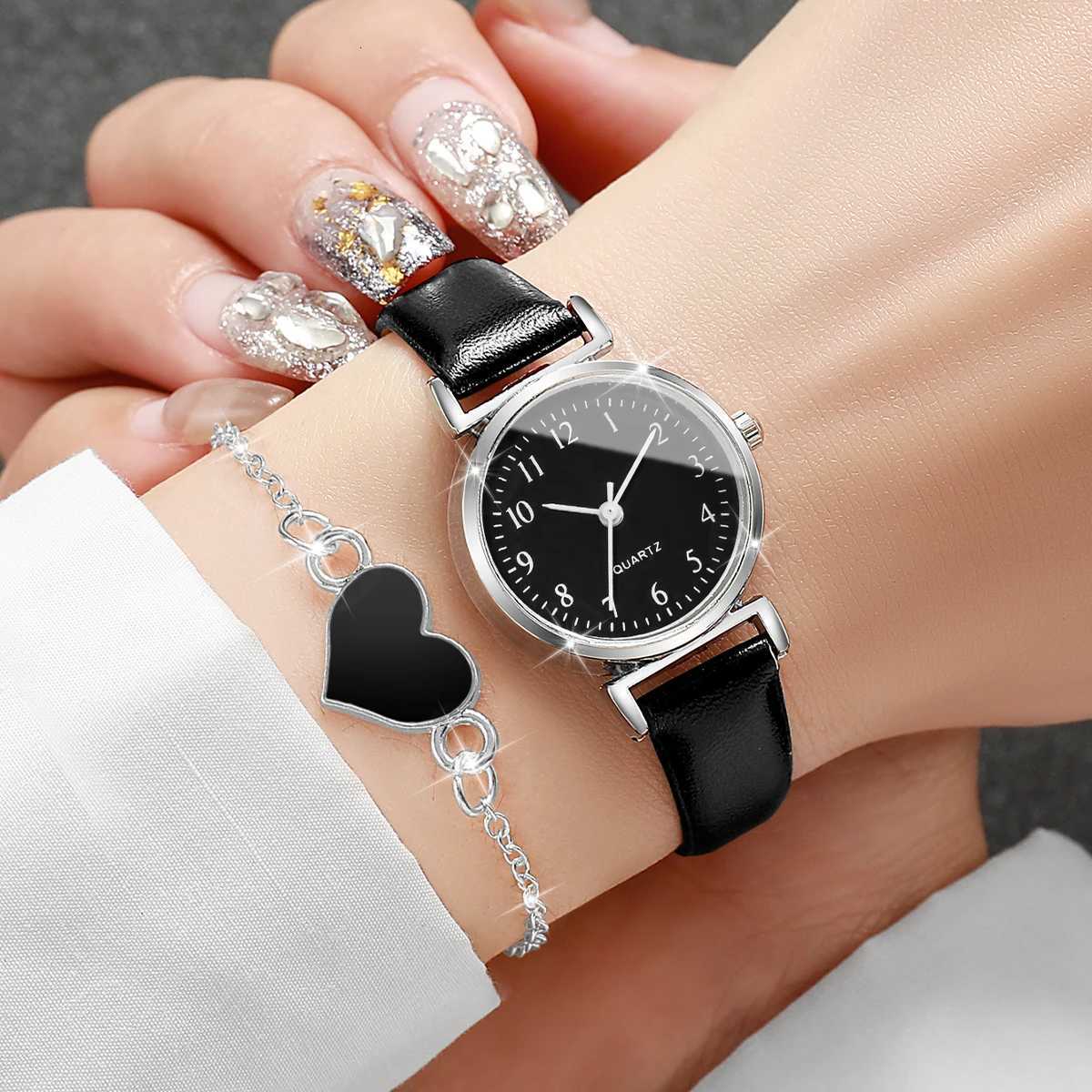 4PCS Fashion Women Leather Strap Quartz Watches Casual Arabic Dial Watch Heart Bracelet Set Reloj Mujer Without Box Y251212