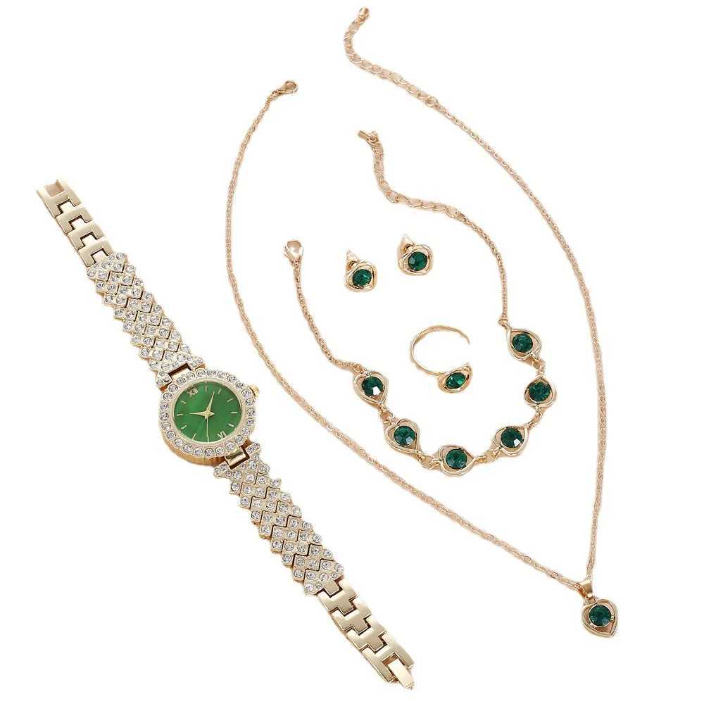 5 PCS Set Green Watch Women Luxury Ring Necklace Earrings Rhinestone Fashion Wristwatch Female Casual Watches Bracelet Set Y251212