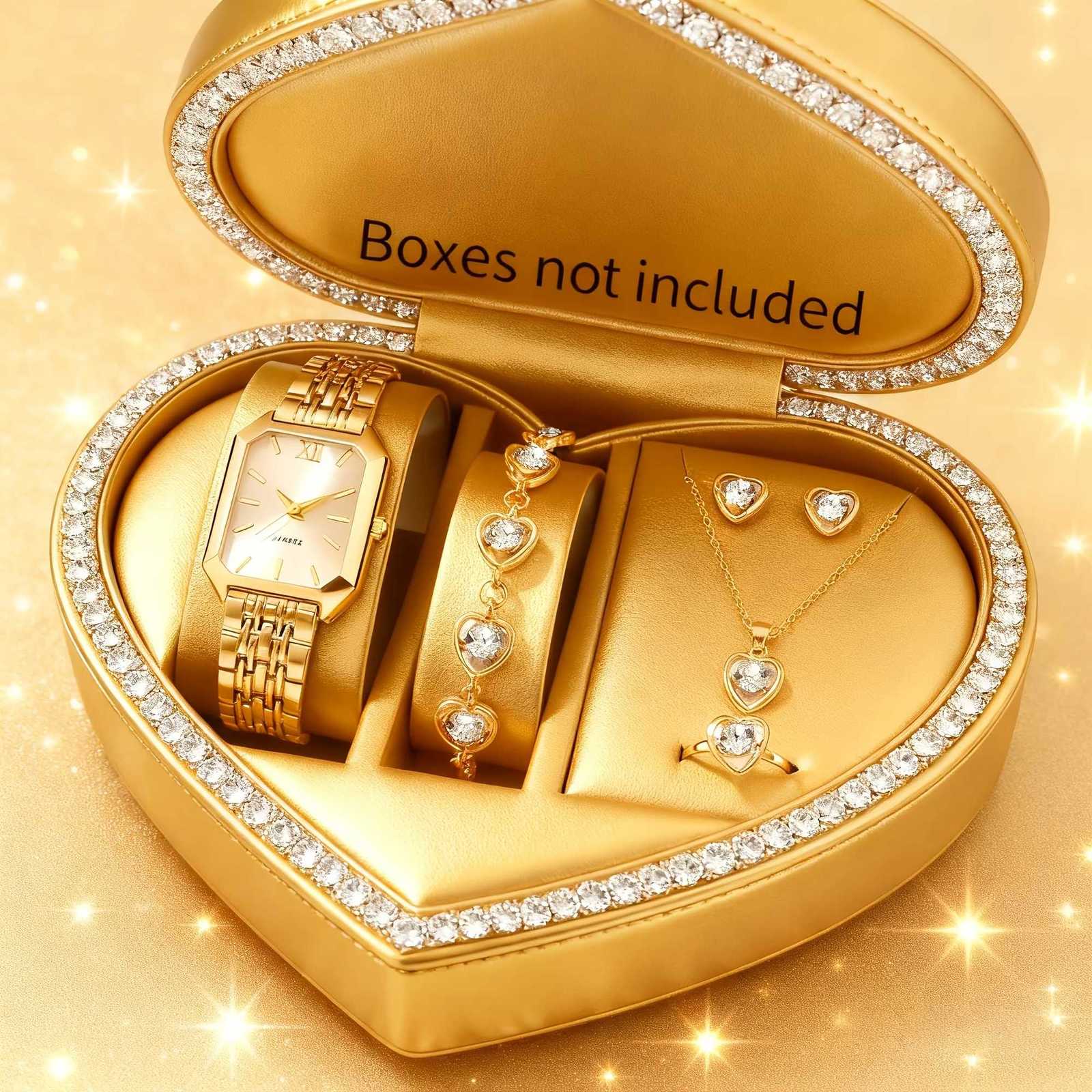 6pcs Elegant Women Quartz Watch Rectangle Dial Ladies Wristwatch with Heart Pendant Jewelry Set Reloj MujerWithout Box Y251212