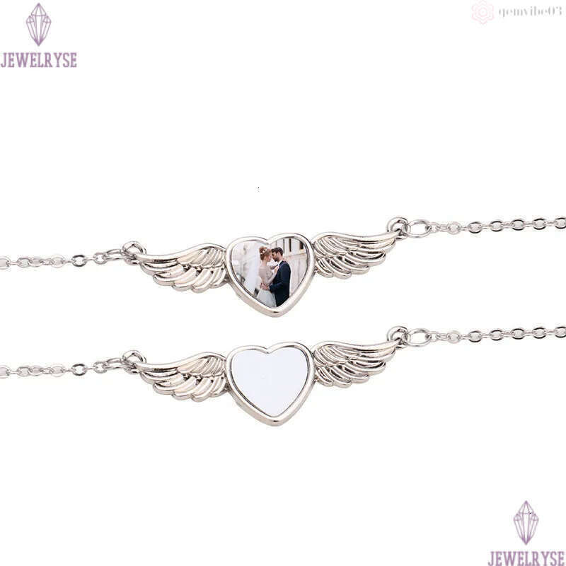 DIY sublimation blank couples mens designer jewelry love wing heart necklace woman party Photo Frame Silver Pendant Necklaces for Women Souvenir Gift