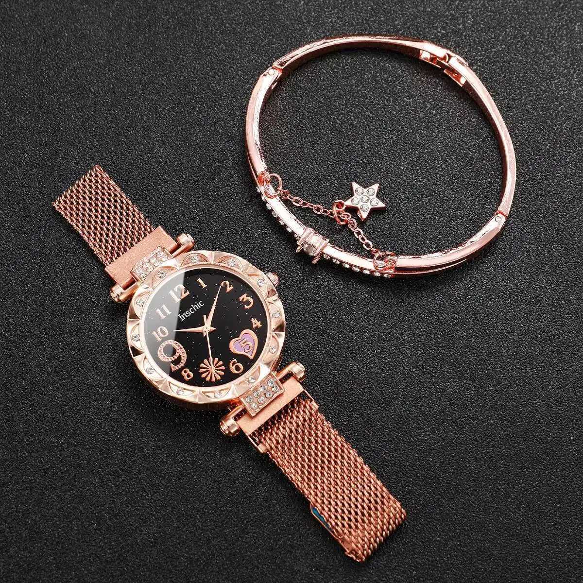 2PCS Fashion Womens Watches Set Magnet Buckle Mesh Strap Analog Quartz Watch Star Bracelet Set Reloj Mujer Y251212
