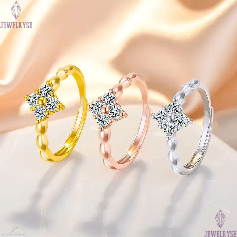 S925 Silver Cute Clover Designer Rings for Women Girls Fashion Luxury Crystal CZ Zircon Sweet Four Leaf Design Chinese Nail Finger Love Ring Jewelry G