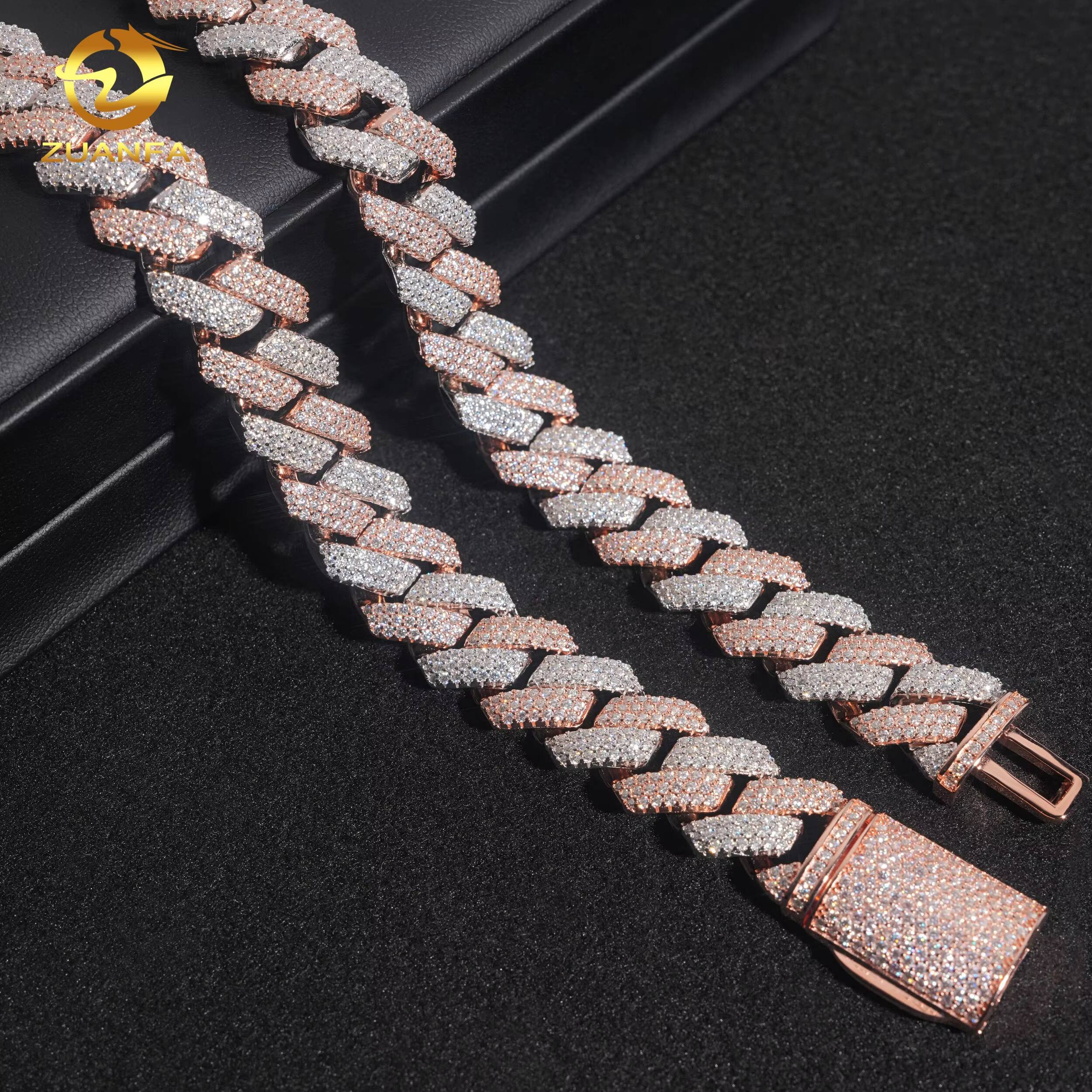 Custom Clasp Cuban Link Chain Luxury Design 2 Tone Roese and White Gold Necklace 925 Sterling Silver Iced Out Hip Hop Jewelry