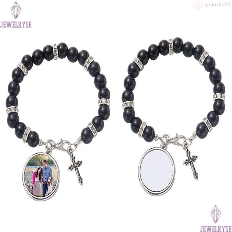 Fashion sublimation blank DIY round charm beaded cross transfer printing love mens bracelet for woman Thanksgiving Valentines Day Souvenir Family Gift