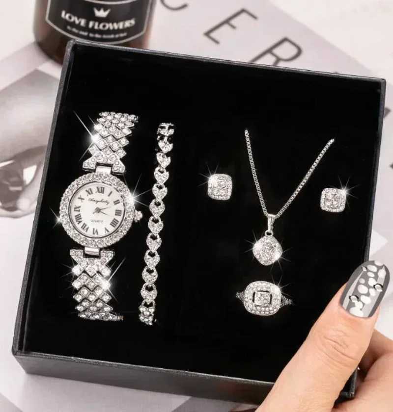 Fashion Luxury Full Crystal 5 Pcs Watch Necklace Earrings Ring Set for Women Rhinestone Wristwatch Female Bracelet Set Gift Y251212